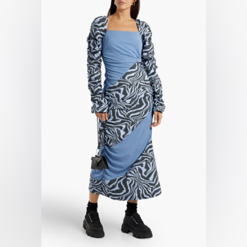 GANNI x AHLUWALIA Ruched Patchwork Cotton Poplin Mesh Midi Dress Size 38 (6) - Picture 2 of 12